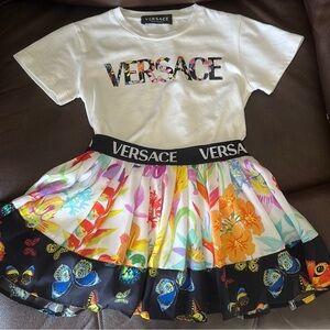 Versace Multicolor Logo Tee and Floral Skirt